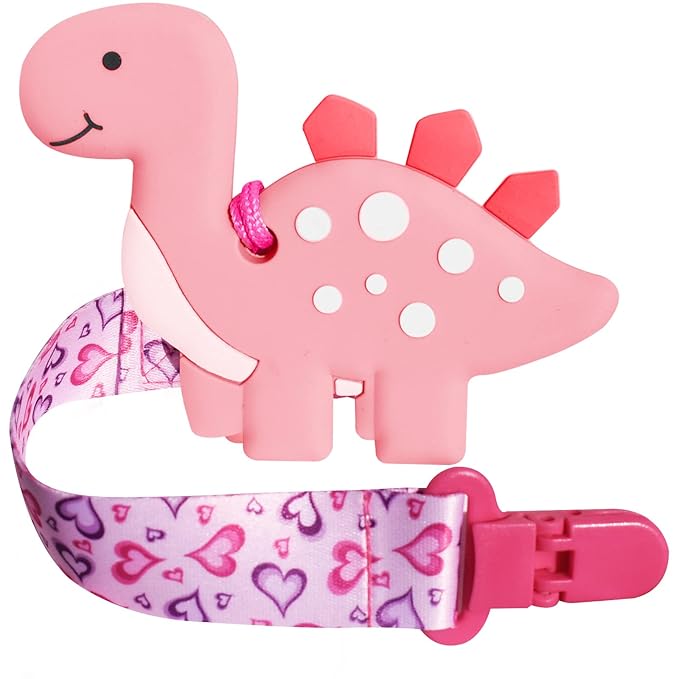 BIGSPINACH 1 Soft Dinosaur Teether for Babies and 1 Baby Pacifier Clip, Valentines Day Gifts for Baby Girl Boy,Silicone Chew Toys（Pink Dinosaur）