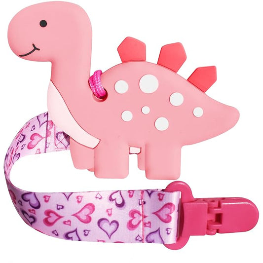 BIGSPINACH 1 Soft Dinosaur Teether for Babies and 1 Baby Pacifier Clip, Valentines Day Gifts for Baby Girl Boy,Silicone Chew Toys（Pink Dinosaur）