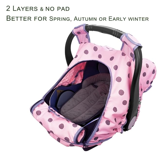 Carseat Cover Girls, Baby car seat Covers for Infant car seat, Baby Carrier Cover Canopy, Window in Door Zipper Open, 2 Layers, Pink dots;