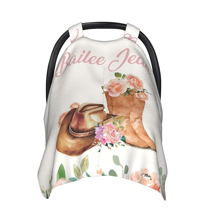 Personalized Baby Car Seat Canopy for Babies, Custom Name Car Seat Covers for Baby Girl, Cowgirl Opening Minky Nursing Breastfeeding Cover for Infant, Carseat Canopies for Newborn