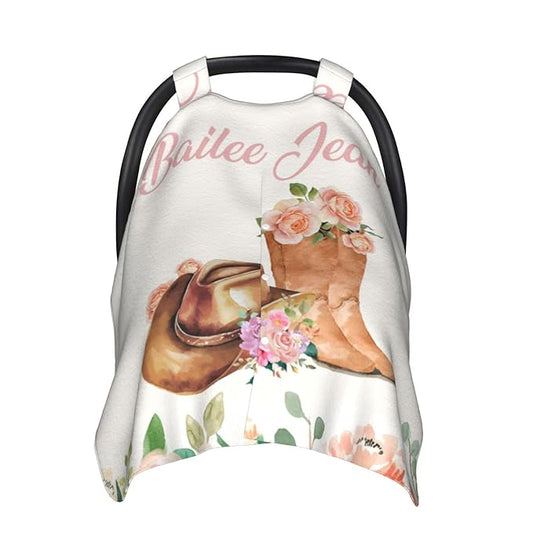 Personalized Baby Car Seat Canopy for Babies, Custom Name Car Seat Covers for Baby Girl, Cowgirl Opening Minky Nursing Breastfeeding Cover for Infant, Carseat Canopies for Newborn