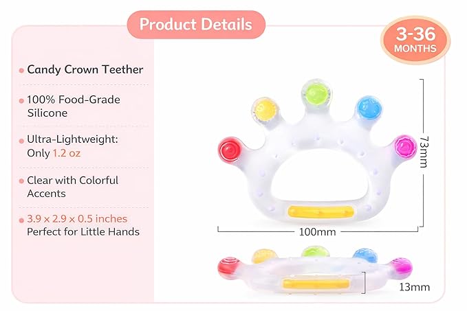 Candy Crown Teether – 100% Food Grade Silicone Baby Teething Toy | 4 Textured Surfaces for Gum Relief | Lightweight Easy Grip | BPA-Free, Phthalate-Free | Sensory Teether Toy 3-36 Months