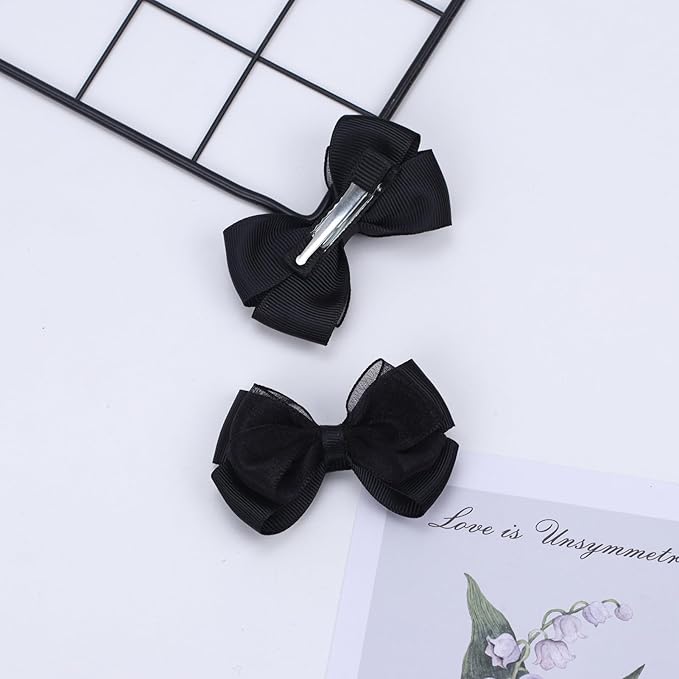 Tiny 3 Inch Organza Double Hair Bow Clips - Lined Boutique Alligator Hairpin for Baby Girls, Toddlers, and Little Teens - Kids Barrettes Set of 2 Small Stylish (Black)