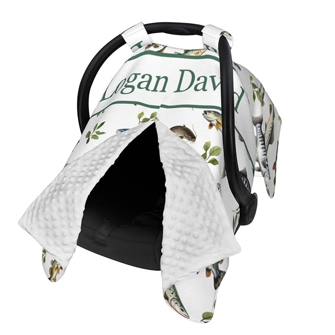 Custom Name Fishing Baby Car Seat Canopy – Personalized Opening Minky Nursing Cover, Infant Carseat & Stroller Cover for Newborn Baby Boys Girls Shower Gift
