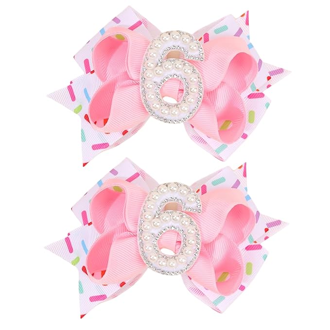 Birthday Pearl Hair Bow Clips for Baby Girls - 2Pcs Sweet Pink Hair Clips Number 6 Made of Many Small pearls for 6th Birthday Bow Party Decorations for Girls Toddlers Hair Accessories