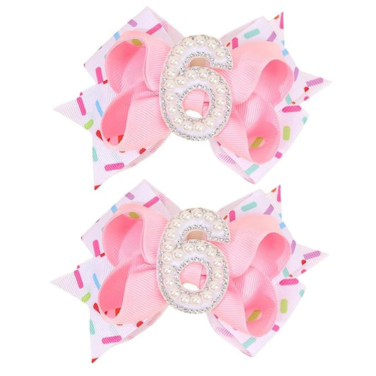 Birthday Pearl Hair Bow Clips for Baby Girls - 2Pcs Sweet Pink Hair Clips Number 6 Made of Many Small pearls for 6th Birthday Bow Party Decorations for Girls Toddlers Hair Accessories