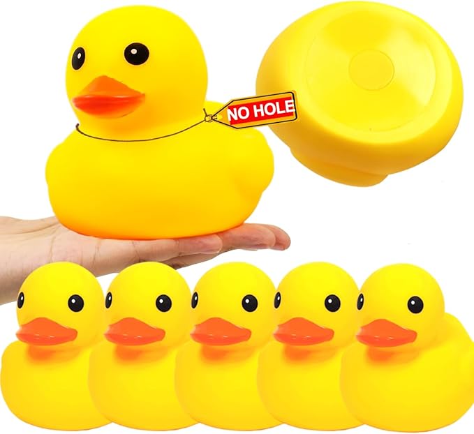 4.3 Inch 5 Pcs Kalafona Rubber Bathtub Duck/Duckie Waterproof No 'Bebe' No Hole Funny Bath Swimming Pool Toy Without Hole for Kids Birthday Party Favor Home Decor