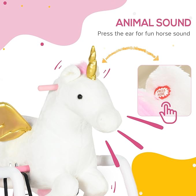Qaba Kids Spring Rocking Horse Unicon, Ride on Horse for Girls and Boys with Animal Sounds, Plush Animal Ride-on Toy with Soft Feel, Interactive Toy for Kids, Pink