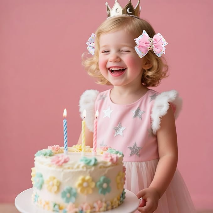 2 Pack 3rd Birthday Hair Bow for Girls, Pink Hair Clips Hair Accessories for Girls 1 2 3 4 5 6 Years Birthday Confetti Ice Cream Party Supplies Decorations
