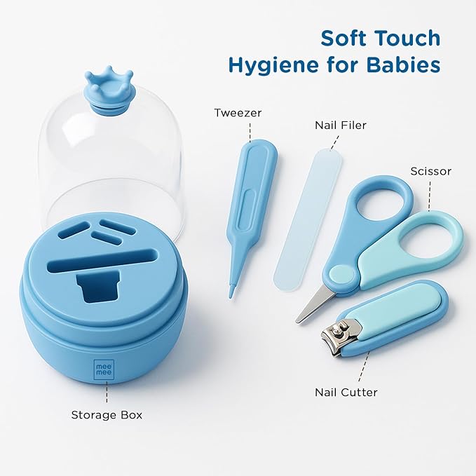 Mee Mee Baby Grooming Kit - Nail Clipper, Nail Filer, Scissors, and Small Tong for Safe and Easy Grooming (Blue)