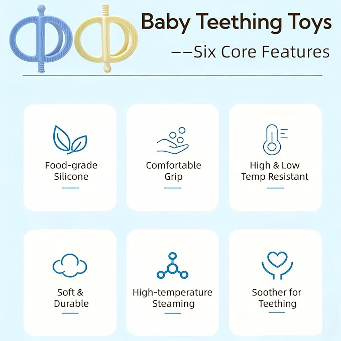 2-Pack Baby Teething Toys, Food Grade BPA-Free Silicone Baby Teether for 3-18 Months, Ring-Shaped Teething Toy for Babies, Multi-Textured Choke-Proof Easy Grip Teether for Infants (Blue&Yellow)