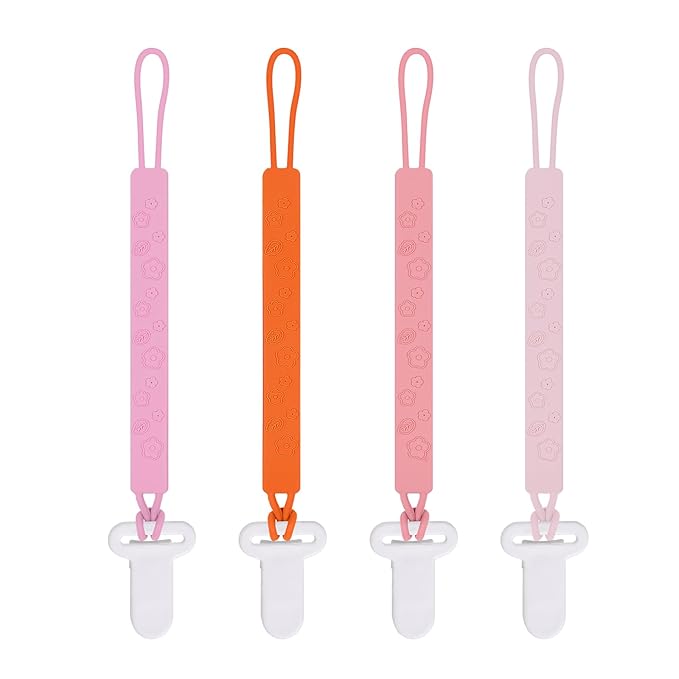 One Piece Design Silicone Pacifier Clip Holder for Baby Boys and Girls,Pack of 4 Flexible Paci Leash,Binky Clips,Newborn Essentials (Flowers & Leaves, Pink)
