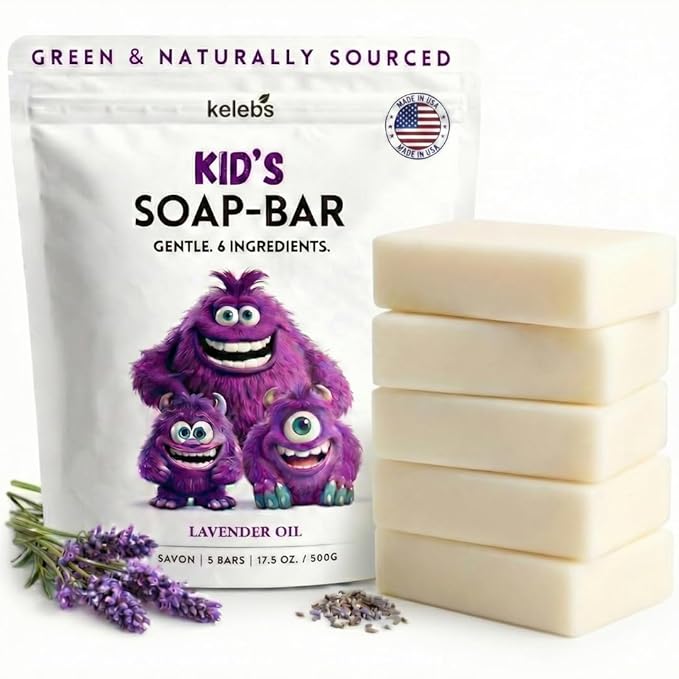KELEBS Kids Soap Bar, Gentle Lavender Soap, Kids Body Wash Bar, Natural Bar Soap for Kids & Family, with Organic Lavender Oil, Naturally Scented, 5 Bars