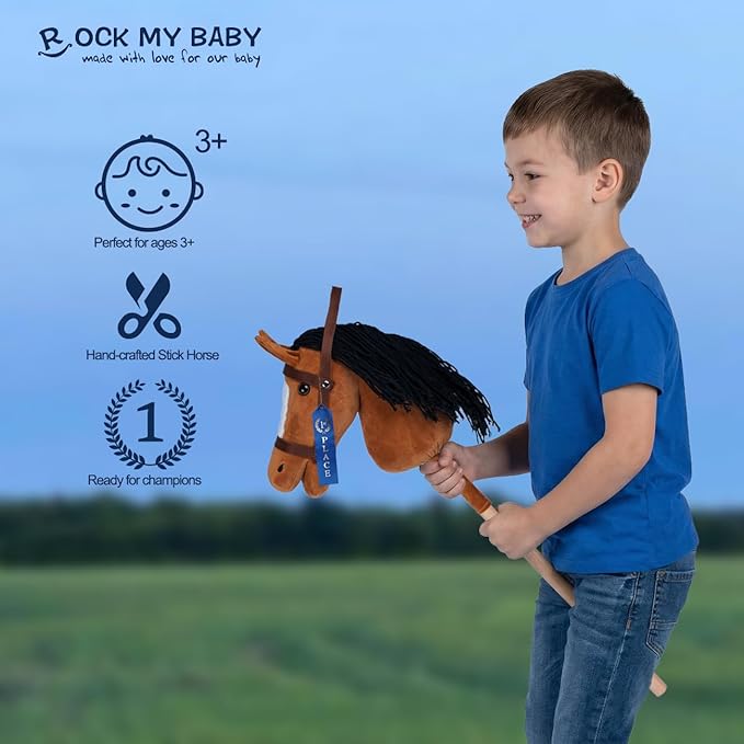 ROCK MY BABY Hobby Horse Plush Stuffed Stick Horse with Award Ribbon for Boys and Girls 3+ Fun Toys for Pretend Play (Golden Brown) CPC Certified