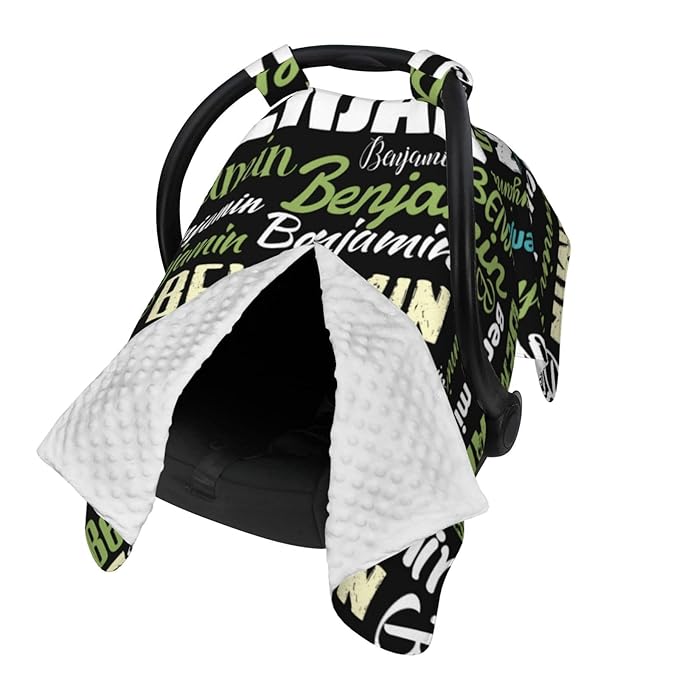 Personalized Baby Car Seat Canopy for Boys Girls, Custom Name, Black, Minky, Water Resistant, Universal Fit
