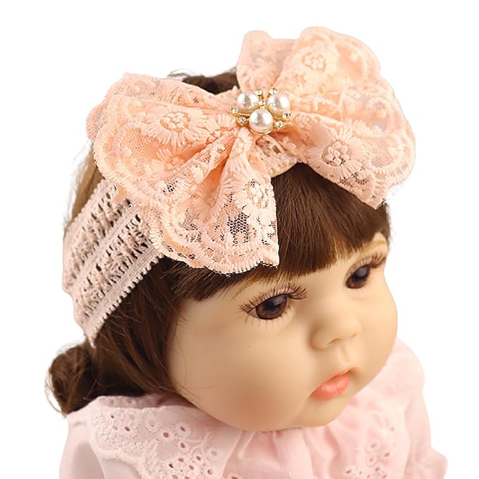 Lace Flower Bow-knot Baby Girls Headband Birthday Infant Wrap Elastic Baby Turban Hairband for Newborn Infant Toddler Kids (Pink pearl)