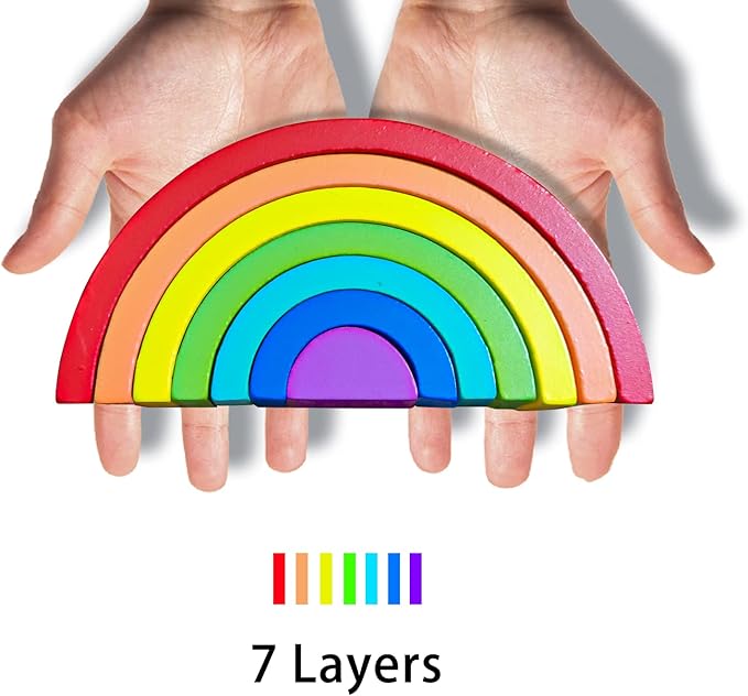 TUOWITA Wooden Rainbow Stacking Toy, Wood Stacker Arch Game, Montessori Arch Bridge Rainbow Building Blocks, Colorful Stacking Blocks Puzzles for Kids 2 3 4 5 Years Old, Rainbow Decor Toys