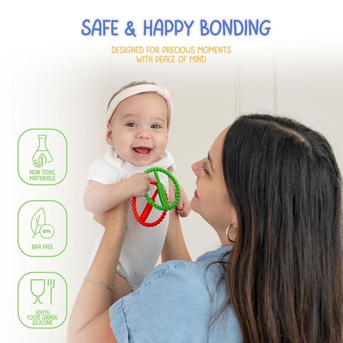 Cricket Baby Teether | 2 Pack Cricket Bat & Ball Shape | Soft Silicone Teething Toy for Babies 0-9 Months | Easy to Hold with 5 Teething Textures | Grass Green & Cherry Red | Certified Safe