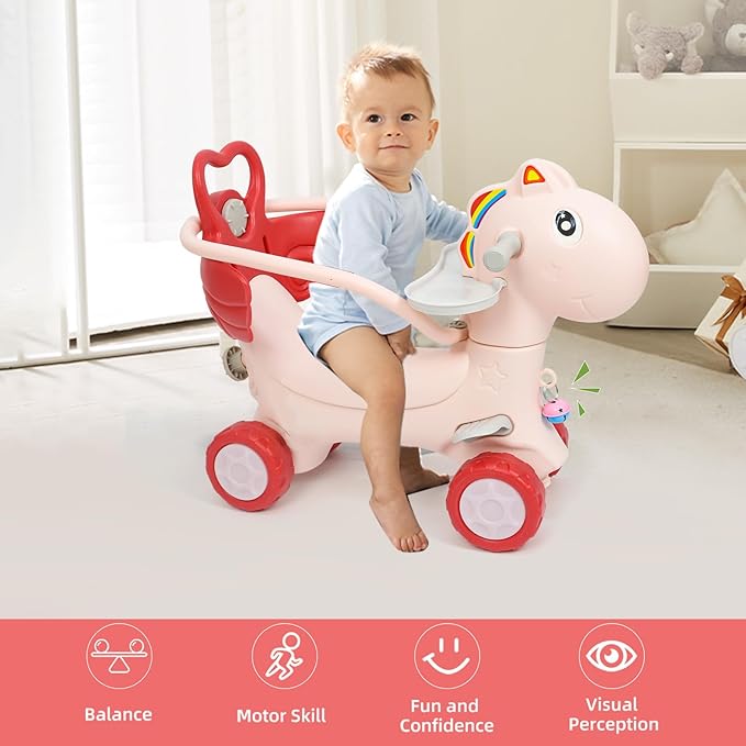 4 in 1 Rocking Horse Ages 1-3, Baby Rocking Toy Gift for Toddlers 1-3 Years Old, Balance Bike Ride On Toys with Push Handle, Backrest and Balance Board for Girl and Boy, Kids Riding Birthday (Pink)