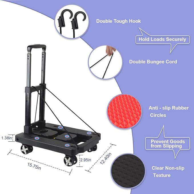 Folding Hand Truck Lightweight,Foldable Dolly with 4 Rotate Wheels,110 lbs Heavy Duty Hand cart for Luggage,Dolly for Moving Travel Shopping Airport Office Use