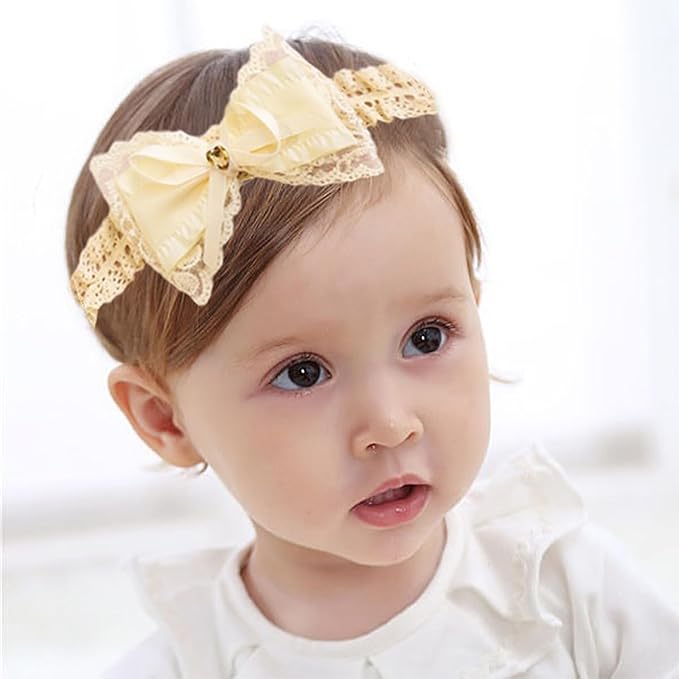 Baby Girl Bows Lace Headband Soft Cotton Tulle Hair Band Princess Infant Head Wrap Turban Ribbon Bow-knot Elastic Hair Accessory for Newborn Infant Toddler (Off white, Standard size)