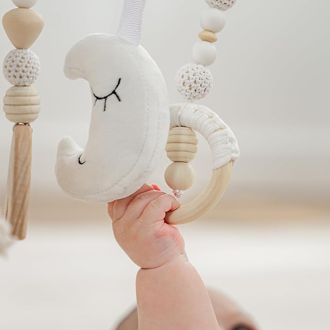 Comfy Cubs Wooden Baby Play Gym - Natural Finish Pinewood Baby Activity Gym with 5 Sensory Hanging Toys - Easy No-Tool Assembly, Safe and Durable for Infant Motor and Visual Development - Pacific Blue