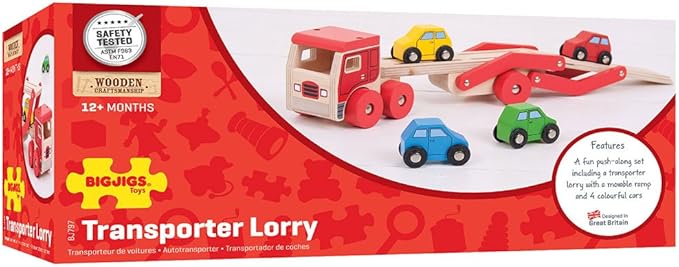 Bigjigs Toys, Wooden Car Transporter, Toy Car Ramp, Wooden Toys, for 1 Year Old Boys, Push Along Baby Vehicle Toy