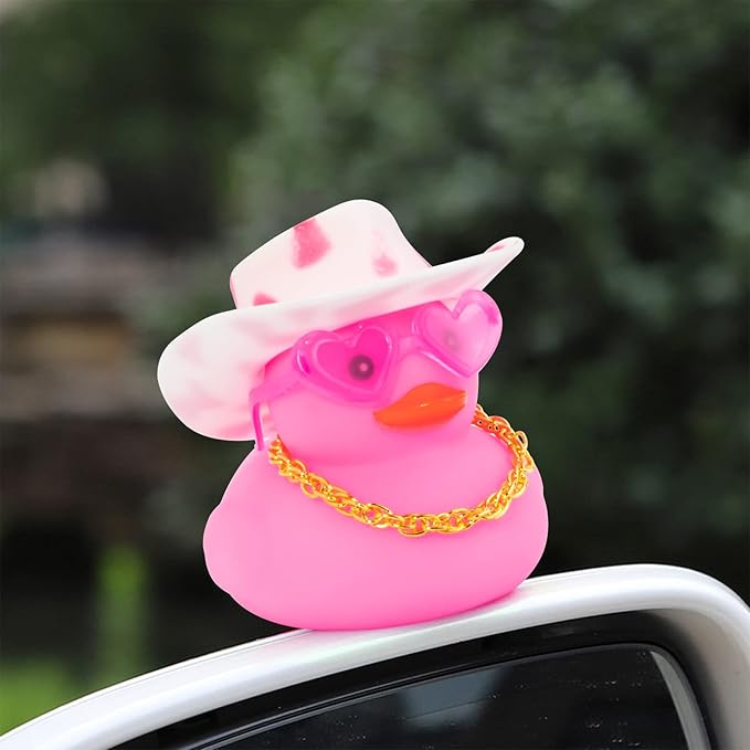 wonuu Pink Rubber Duck, Heart-Shaped Sunglasses Rubber Ducks for Cars, Funny and Cool as Car Ornament Gifts, Pink Cowboy Hat
