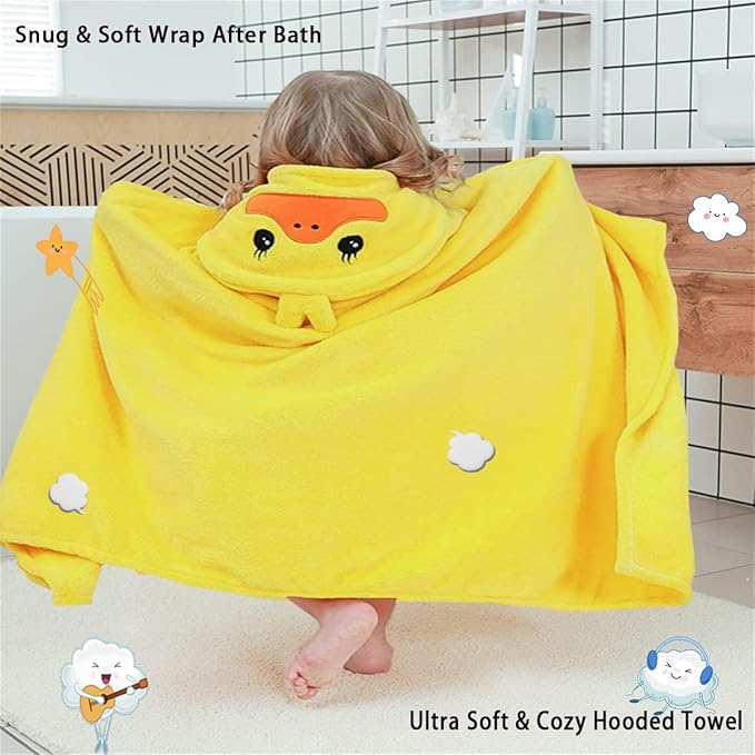 Toddler Baby Bath Towel with Hood 27.5"X55" Ultra Absorbent Soft Cozy Comfort Bathrobe Blanket, 0-6 Years Infant Shower Towel for Girls & Boys(Bright Yellow)