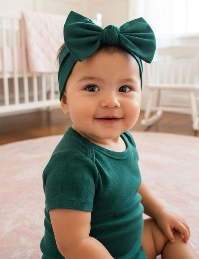 Baby Girl Headbands 0–6 Months – Newborn Infant Soft Cotton Handmade Bow Headband, Stretchy No Mark Baby Hair Accessories (Forest Green, 0-6 Month)