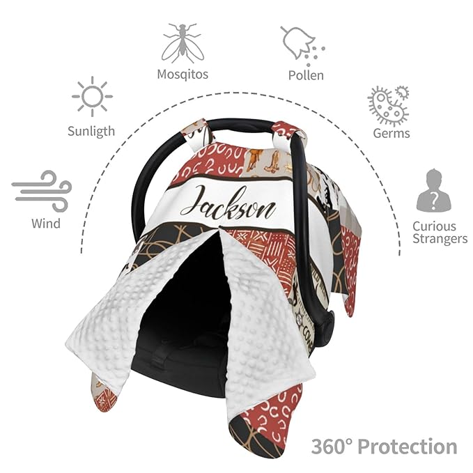 Custom Baby Car Seat Canopy with Name, Personalized Cowboy Baby Car Seats Covers for Baby Boy, Opening Minky Nursing Breastfeeding Cover for Infant, Carseat Canopies for Newborn
