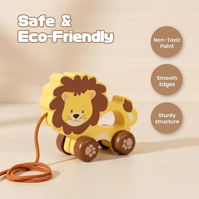 Baby Toys Car,Wooden Pull Along Toddler Toy, Developmental Toy for 1 Year Old Girl Boy Birthday Gift (Lion)