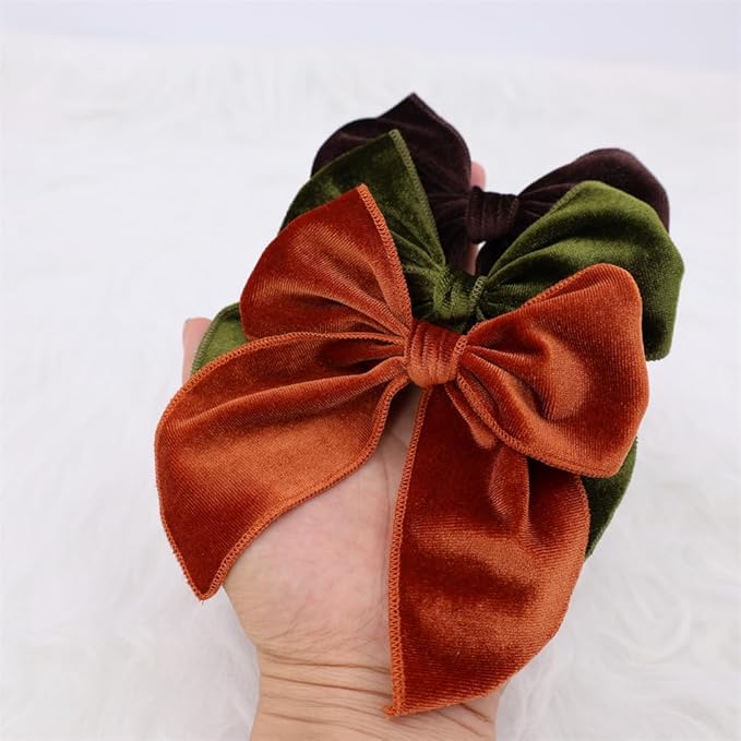 Pack of 4 Large Velvet Fable Bow Hair Clips for Kids Toddler Girl Mom Velvet Hair Bow Alligator Clips Baby Girls Women Hair Accessories (Rust/Brown)