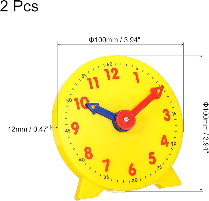 PATIKIL 4 inch Teaching Clock, 2 Pack Learn Clock Learning Tell Time Analog Clock Demonstration Clock 12 Hour 2 Pointers for Classroom Teacher, Yellow