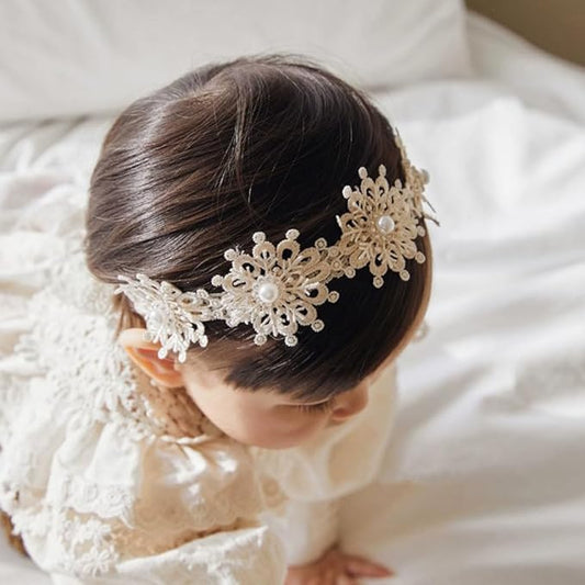 Lace Big Bow Baby Girls Headband Floral Hair Band Toddlers Newborn Infants Christening Baptism Party Hair Accessories for 0-36 Months Elastics Hairband (Style 2)
