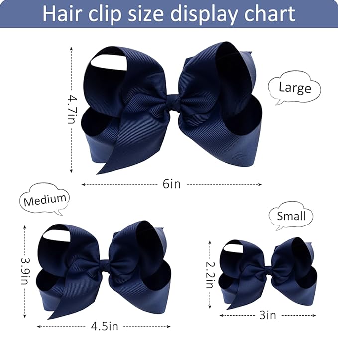Hair Bows for Girls Alligator Clips Navy Blue Grosgrain Ribbon Solid Color Hair Accessories for Little Teen Toddler Girls Kids (6inch ×2, 4inch ×2, 3inch ×2)