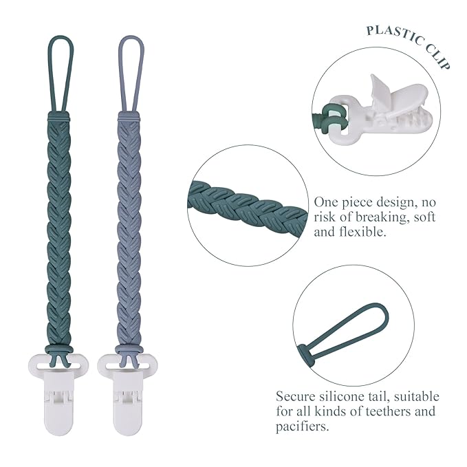 4 Pcs Gray Baby Silicone Teething Pacifier Clip,One-piece Design,Woven Shape,BPA Free.