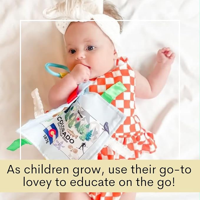 Baby Jack & Co 8x8” Learning Lovey Colorado State Tag Stroller Toy for Babies - Crinkle Toys for Developing Five Senses - Learn About Capitals - Travel with Baby Jack - BPA Free Clip
