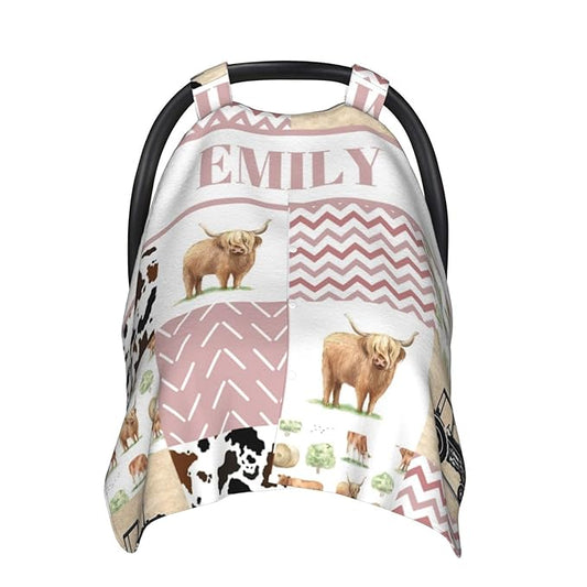 Personalized Baby Car Seat Canopy for Babies, Custom Name Car Seat Covers for Girls, Opening Minky Nursing Breastfeeding Cover for Infant, Carseat Canopies for Newborn (High Land Cow Pink)