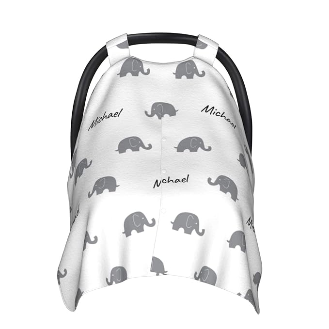 Personalized Cartoon Elephant Baby Infant Car Seats Canopy for Babies with Name, Custom Lightweight Covers for Baby Boys Girls, Minky Nursing Breastfeeding Stroller Canopies for Newborn