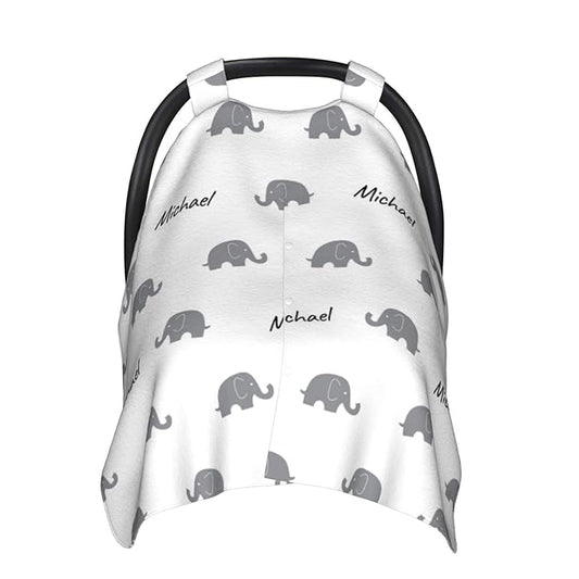 Personalized Cartoon Elephant Baby Infant Car Seats Canopy for Babies with Name, Custom Lightweight Covers for Baby Boys Girls, Minky Nursing Breastfeeding Stroller Canopies for Newborn