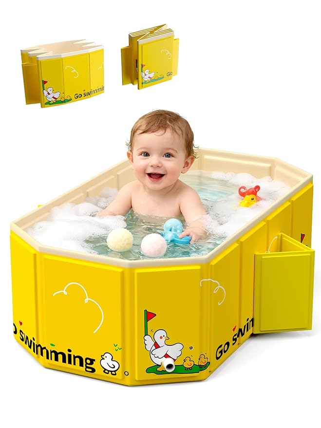 VBABY Collapsible Baby Bathtub, Portable Toddler Bathtub with 2 Drain Holes, Foldable Baby Tubs for Infants to Toddler, Travel Baby Tubs, Easy to Clean, Yellow