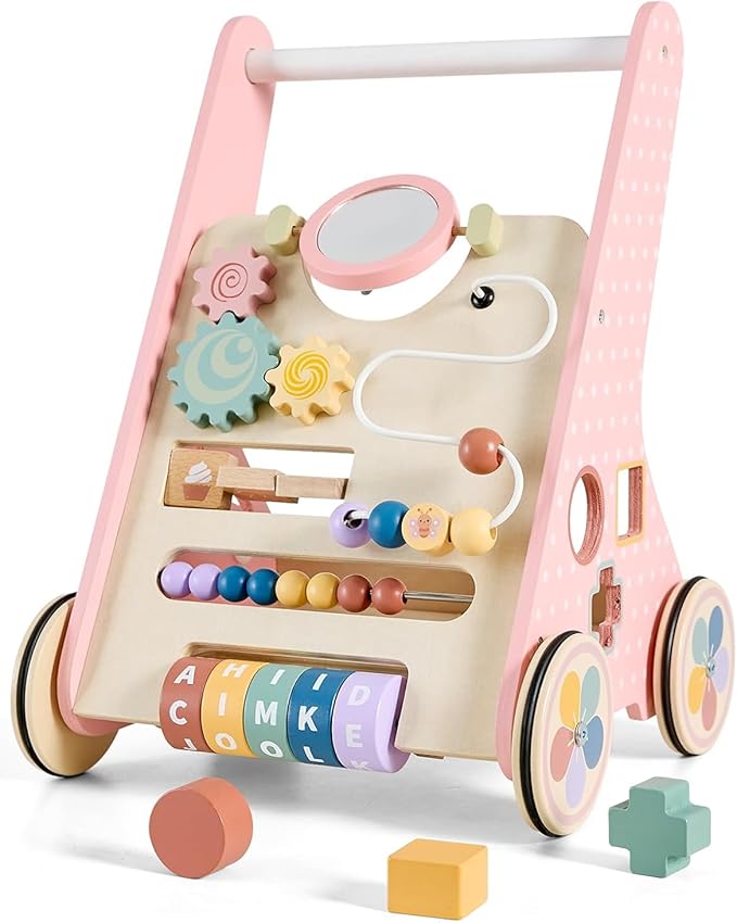 Pink Baby Push Walker for Girls 10+ Months, Wooden Baby Walker Push Toy with Storage, Learning to Walk, Montessori Walker Toy with Wheels, Toddler Activity Center for 12-18 Months