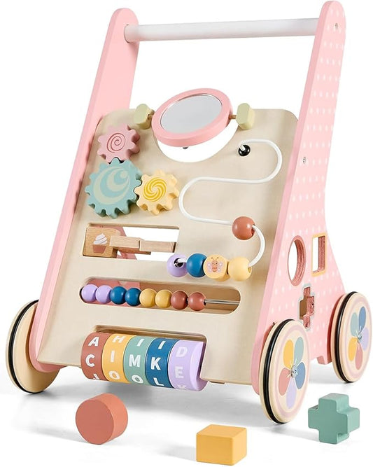 Pink Baby Push Walker for Girls 10+ Months, Wooden Baby Walker Push Toy with Storage, Learning to Walk, Montessori Walker Toy with Wheels, Toddler Activity Center for 12-18 Months
