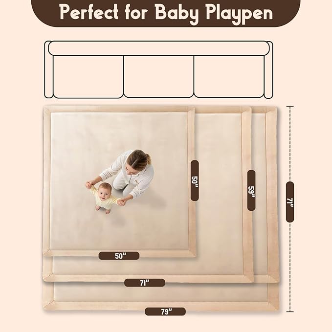 Baby Play Mat for Floor, 1.3 Inch Thick Memory Foam Tummy Time Mat with Non Slip Backing, Soft Coral Velvet 50×50 Inch Playpen Mat Crawling Tatami for Infants Toddlers Kids, Beige