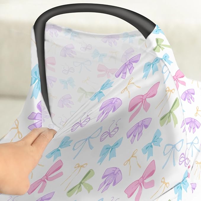 Spring Pastel Bows Baby Car Seat Covers Colorful Rainbow Bows Stretchy 5-in-1 Cover Adjustable Car Canopy Cover Cute Girly Breathable Nursing Cover-Up
