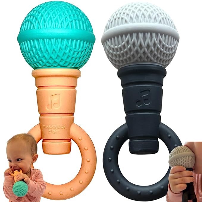 Microphone-Shaped Silicone Baby Teether - BPA Free, with Rattle, Musical/Singing Toy, Dishwasher & Freezer Safe, Easy-to-Grip Teething Shaker Toy for Newborns, Infants, Toddlers. (Gray Black)
