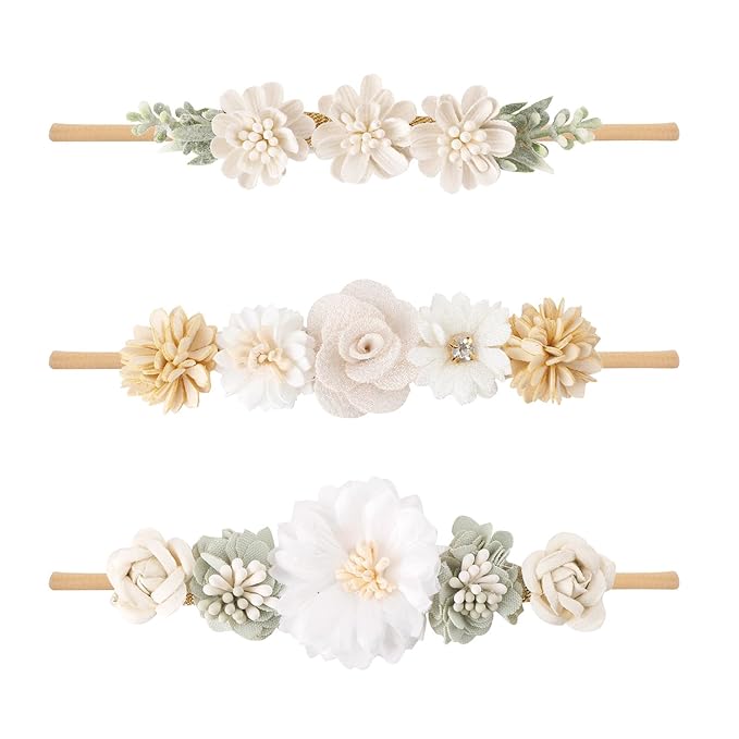 FGSS Floral-Headbands Flower-Crown for Baby Girls Elastic Nylon Hairbands for Newborn Infant Toddler Hair Accessories Pack of 3