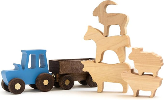 BUSY PUZZLE Wooden Tractor Toy with Trailer and Farm Animals, Natural Solid Wood Push Vehicle for Toddlers, Birthday Gift, Montessori Farm Play Set