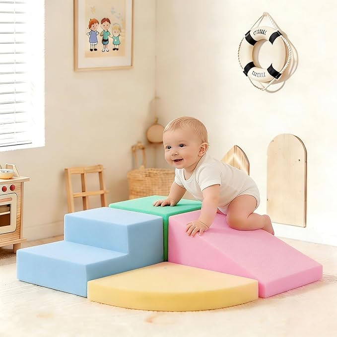 Foam Blocks Climbing Toys for 1 Year Old, 4-Piece Foam Climbing Blocks for Toddlers Activity Crawling and Sliding, Kids' Indoor Climbers & Play Structures Foam Play Set
